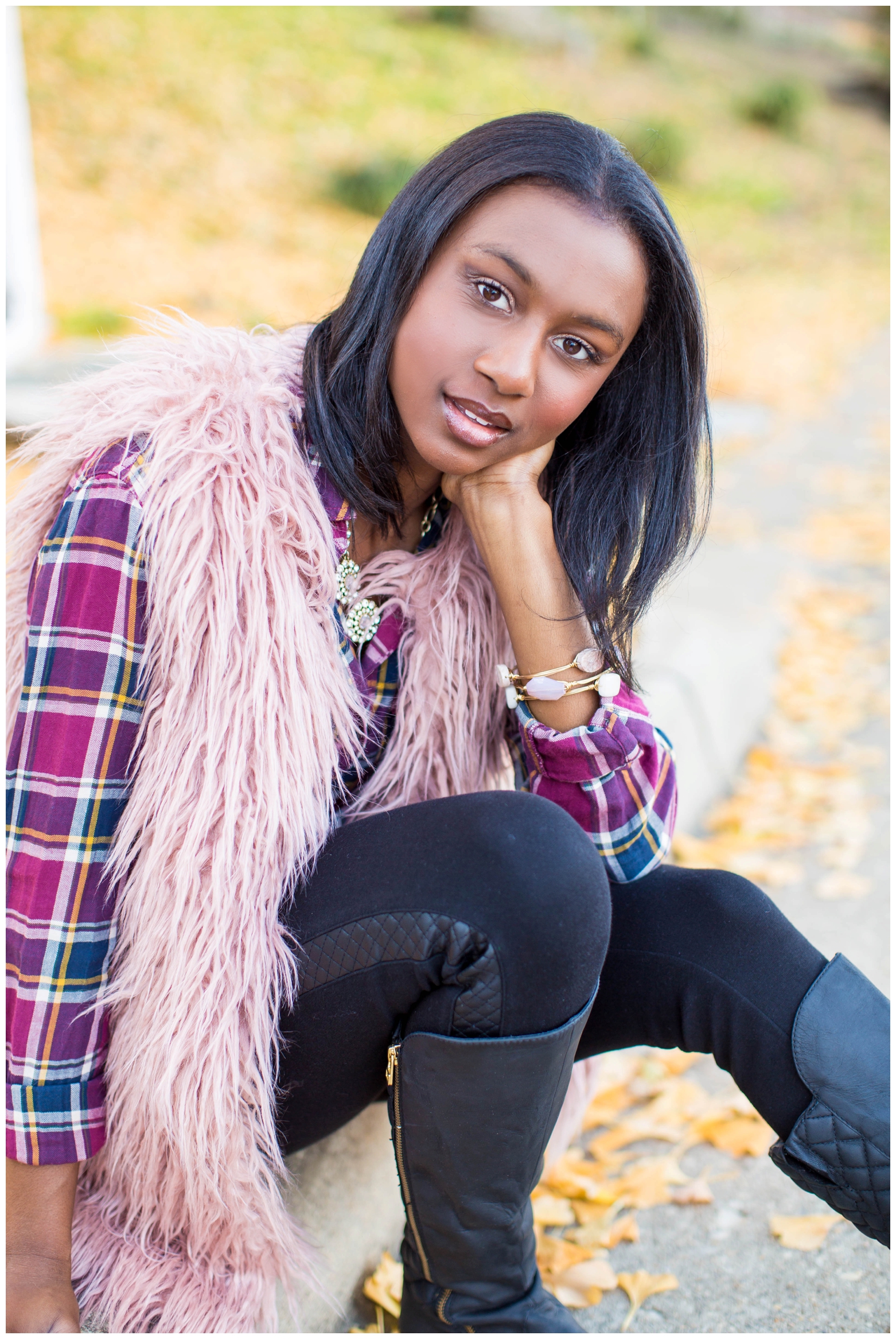 Flannel shirt with faux fur vest and boots